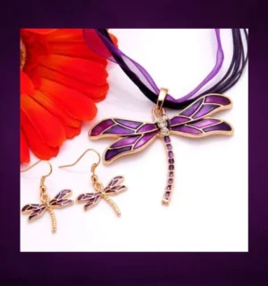 Clear Austrian Crystal Purple Enamel Dragonfly Jewelry Set