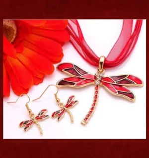 Clear Austrian Crystal Burgundy Enamel Dragonfly Jewelry Set