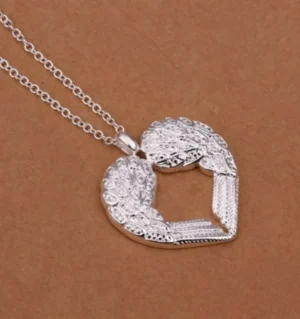 Silver Angel Wing Heart Chain Necklace