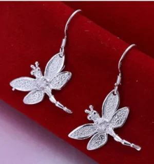 Silver 3D Dragonfly Drop Dangle Earrings