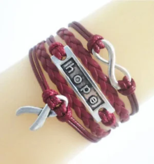 Burgundy Hope, Infinity, Awareness Ribbon Leather Braided Bracelet