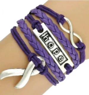 Purple Hope, Infinity, Awareness Ribbon Leather Braided Bracelet