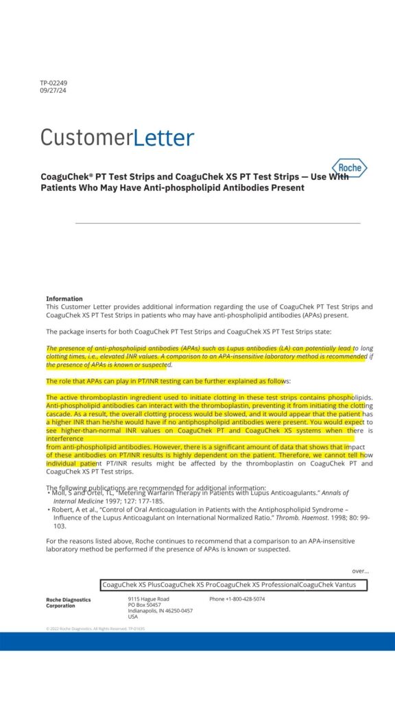 CoaguChek PT Test Strips and CoaguChek XS PT Test Strips - Use With Patients Who May Have Anti-phospholipid Antibodies Present